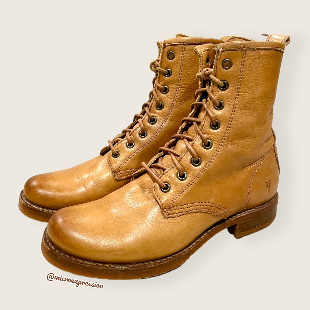 $399 Frye Veronica Combat Tan Brown Leather Lace Up Moto Comfy Everyday Boot - Picture 12 of 13